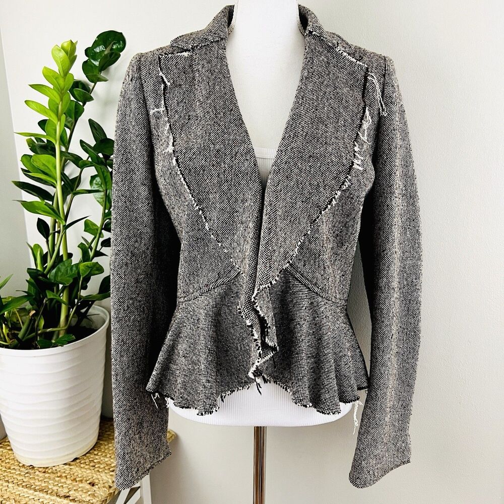 Gorgeous Banana Republic Gray Soft Tweed Frayed Hem Peplum Stretch Jacket Sz 12